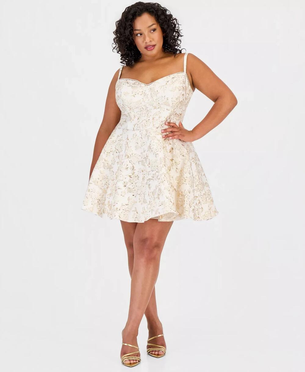 B Darlin Trendy Plus Size Sweetheart-Neck Jacquard Dress Ivory Size 14W 3775